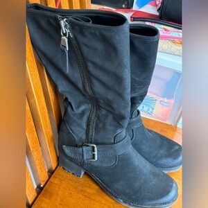 White Mountain Backbeat chunky heel black suede knee high sidezip boots size 7.5